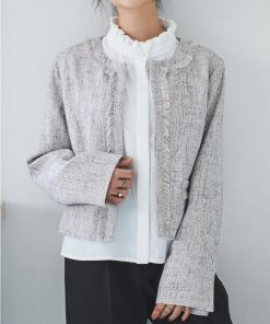 【mil (ミル)】ショート丈 フリンジツイードジャケット【低身長・小柄】