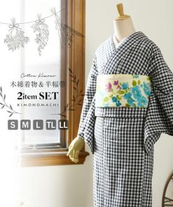 KIMONOMACHI 洗える着物 木綿着物と木綿半幅帯の2点セット「木綿着物：黒チェック+半幅帯：ブルーフラワー」S/M/L/TL/LLサイズ 日本製 オリジナル(メール便不可)