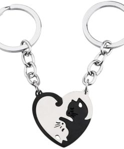 猫 ペア キーホルダー カップル お揃い ハート型 可愛い 記念日 プレゼント キーリング バッグチャーム メンズ(ブラック)