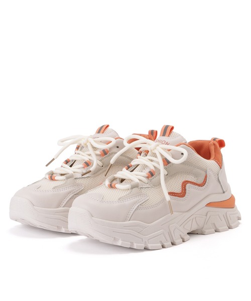 Lace Ladies スニーカー カラーライン厚底メッシュレースアップスニーカー レディース