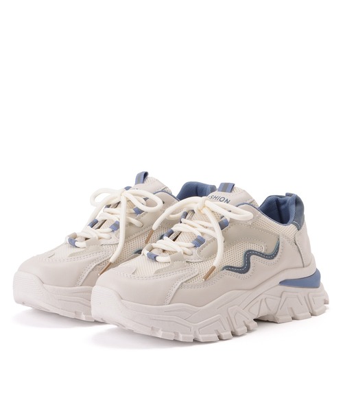 Lace Ladies スニーカー カラーライン厚底メッシュレースアップスニーカー レディース - 画像 (2)