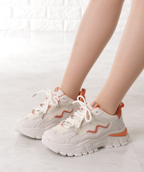 Lace Ladies スニーカー カラーライン厚底メッシュレースアップスニーカー レディース - 画像 (4)
