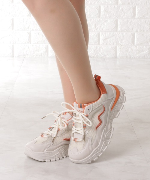 Lace Ladies スニーカー カラーライン厚底メッシュレースアップスニーカー レディース - 画像 (5)