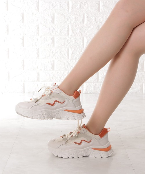 Lace Ladies スニーカー カラーライン厚底メッシュレースアップスニーカー レディース - 画像 (7)