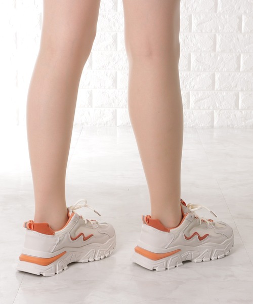 Lace Ladies スニーカー カラーライン厚底メッシュレースアップスニーカー レディース - 画像 (9)