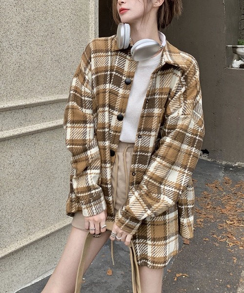 ブルゾン アウター チェック柄ビッグサイズシャツジャケット レディース - 画像 (2)