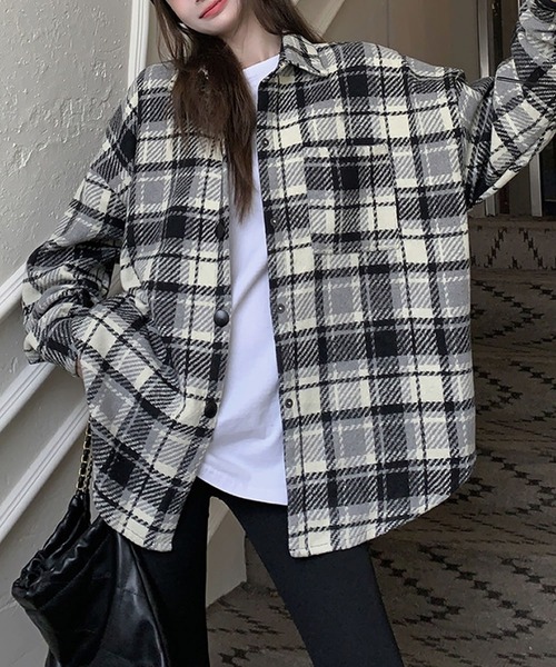 ブルゾン アウター チェック柄ビッグサイズシャツジャケット レディース - 画像 (3)