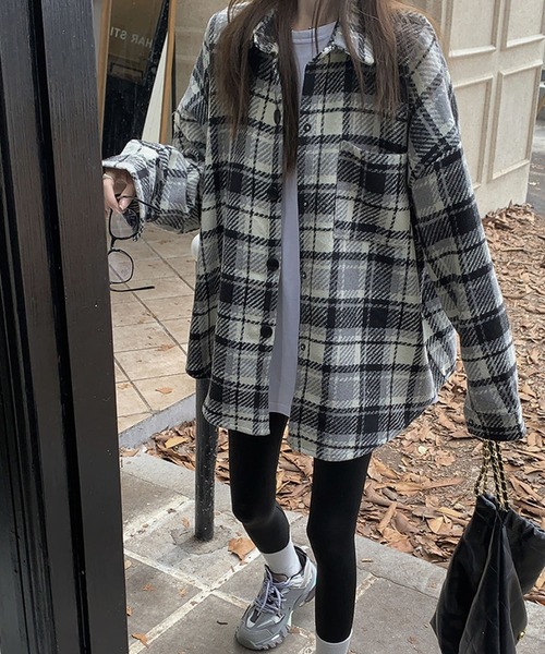 ブルゾン アウター チェック柄ビッグサイズシャツジャケット レディース - 画像 (7)