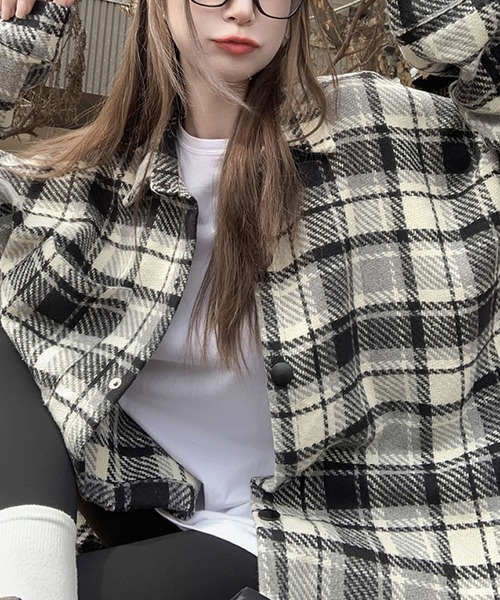 ブルゾン アウター チェック柄ビッグサイズシャツジャケット レディース - 画像 (8)