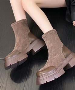 Lilamusant ブーツ 「Lilamusant(リラミュゾン)」フェイクスエード スクエアトゥ 厚底ストレッチショートブーツ ソックスブーツ プラットフォーム レディ