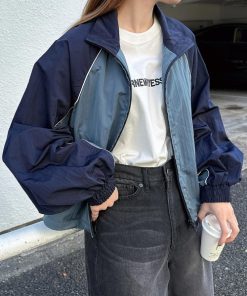 ANME ブルゾン アウター バイカラー長袖ブルゾンジャケット レディース