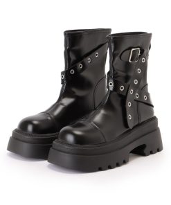 Lace Ladies ブーツ レザー調 スタッズ クロス ベルト 厚底 レディース