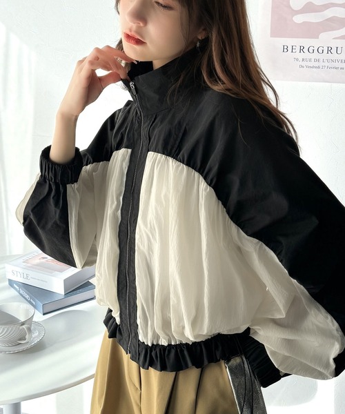 classicalelf ブルゾン ジャンバー 柔らかなシアーが魅力。軽量ナイロン異素材ドッキングギャザー使いスタンドカラーブルゾン レディース - 画像 (2)