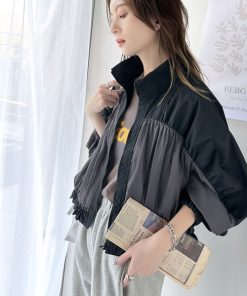 classicalelf ブルゾン ジャンバー 柔らかなシアーが魅力。軽量ナイロン異素材ドッキングギャザー使いスタンドカラーブルゾン レディース