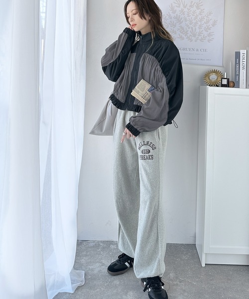 classicalelf ブルゾン ジャンバー 柔らかなシアーが魅力。軽量ナイロン異素材ドッキングギャザー使いスタンドカラーブルゾン レディース - 画像 (5)