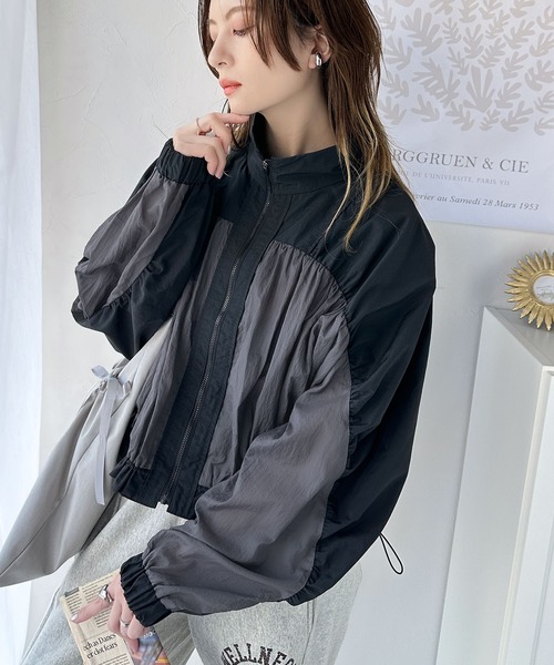 classicalelf ブルゾン ジャンバー 柔らかなシアーが魅力。軽量ナイロン異素材ドッキングギャザー使いスタンドカラーブルゾン レディース - 画像 (6)
