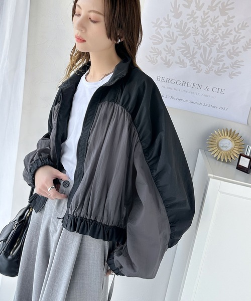 classicalelf ブルゾン ジャンバー 柔らかなシアーが魅力。軽量ナイロン異素材ドッキングギャザー使いスタンドカラーブルゾン レディース - 画像 (7)