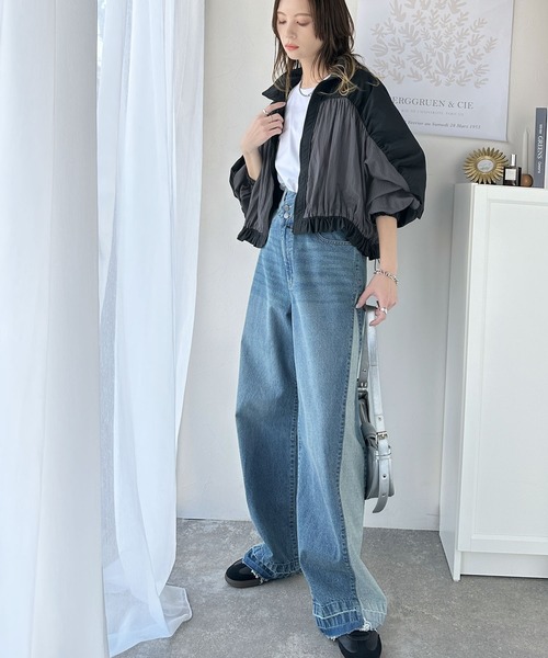 classicalelf ブルゾン ジャンバー 柔らかなシアーが魅力。軽量ナイロン異素材ドッキングギャザー使いスタンドカラーブルゾン レディース - 画像 (9)