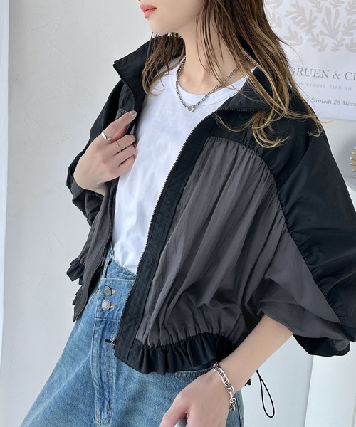 classicalelf ブルゾン ジャンバー 柔らかなシアーが魅力。軽量ナイロン異素材ドッキングギャザー使いスタンドカラーブルゾン レディース - 画像 (8)