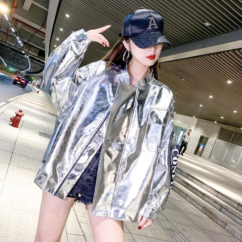 メタリックジャケット女性 スタイリッシュ 光沢 レディース 春服 アウタース ピカピカ 薄手 ミディアム ユニセックス トラックジャケット - 画像 (9)