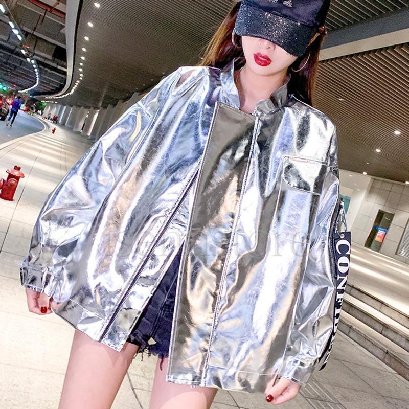 メタリックジャケット女性 スタイリッシュ 光沢 レディース 春服 アウタース ピカピカ 薄手 ミディアム ユニセックス トラックジャケット - 画像 (2)