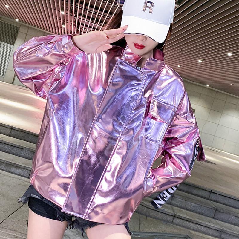 メタリックジャケット女性 スタイリッシュ 光沢 レディース 春服 アウタース ピカピカ 薄手 ミディアム ユニセックス トラックジャケット - 画像 (5)