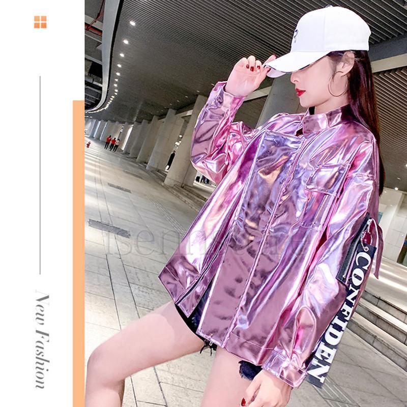 メタリックジャケット女性 スタイリッシュ 光沢 レディース 春服 アウタース ピカピカ 薄手 ミディアム ユニセックス トラックジャケット - 画像 (6)