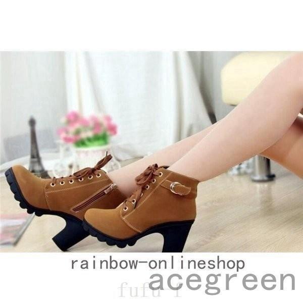 エンジニアブーツショートブーツレディースレースアップ秋冬靴編み上げブーツ厚底ハイヒール太ヒールジッパー付き金具付き暖かい - 画像 (2)