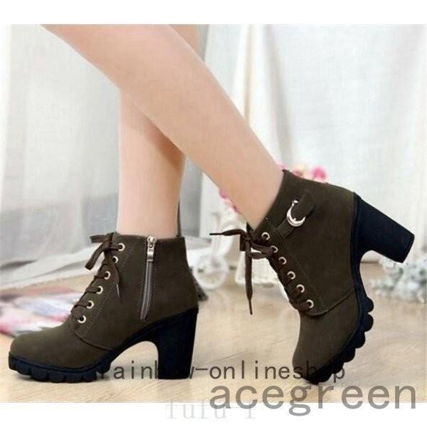 エンジニアブーツショートブーツレディースレースアップ秋冬靴編み上げブーツ厚底ハイヒール太ヒールジッパー付き金具付き暖かい - 画像 (3)