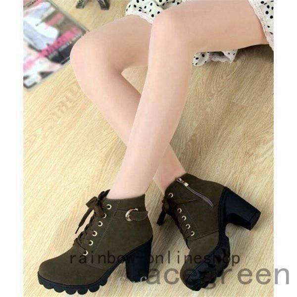 エンジニアブーツショートブーツレディースレースアップ秋冬靴編み上げブーツ厚底ハイヒール太ヒールジッパー付き金具付き暖かい - 画像 (4)