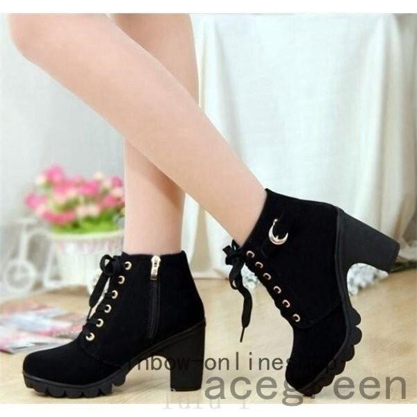 エンジニアブーツショートブーツレディースレースアップ秋冬靴編み上げブーツ厚底ハイヒール太ヒールジッパー付き金具付き暖かい - 画像 (6)