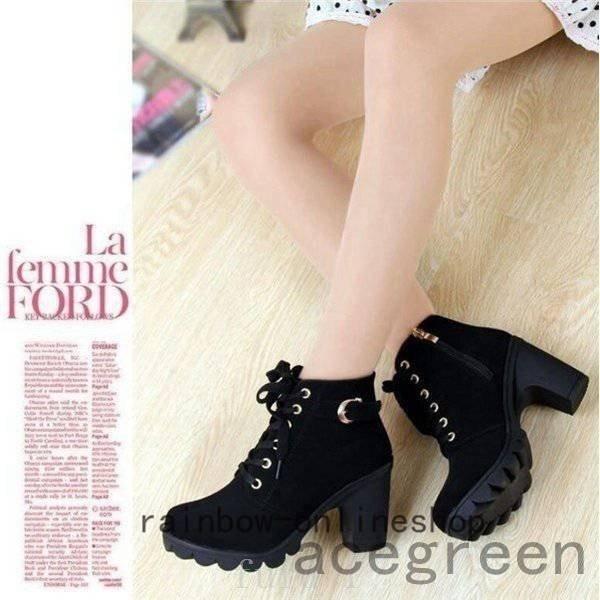 エンジニアブーツショートブーツレディースレースアップ秋冬靴編み上げブーツ厚底ハイヒール太ヒールジッパー付き金具付き暖かい - 画像 (7)