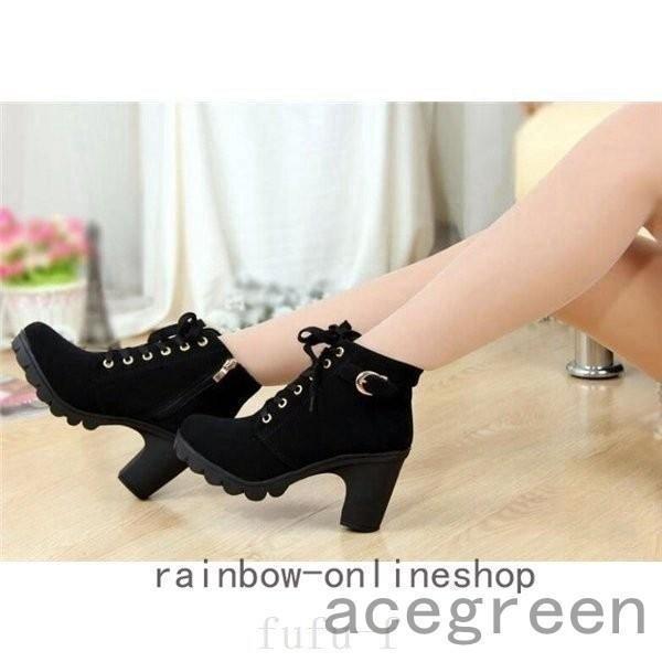 エンジニアブーツショートブーツレディースレースアップ秋冬靴編み上げブーツ厚底ハイヒール太ヒールジッパー付き金具付き暖かい - 画像 (8)