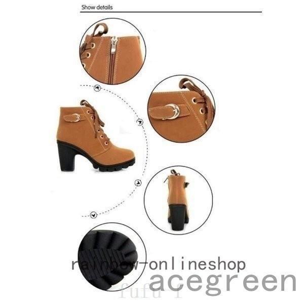 エンジニアブーツショートブーツレディースレースアップ秋冬靴編み上げブーツ厚底ハイヒール太ヒールジッパー付き金具付き暖かい - 画像 (9)