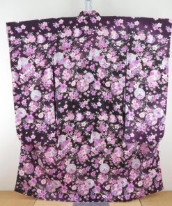 振袖 正絹 紫色xピンク色 金コマ 桜に手毬紋様 襦袢付き 袷 広衿 成人式 卒業式 舞台衣装 フォーマル 仕立上り 着物 身丈158cm