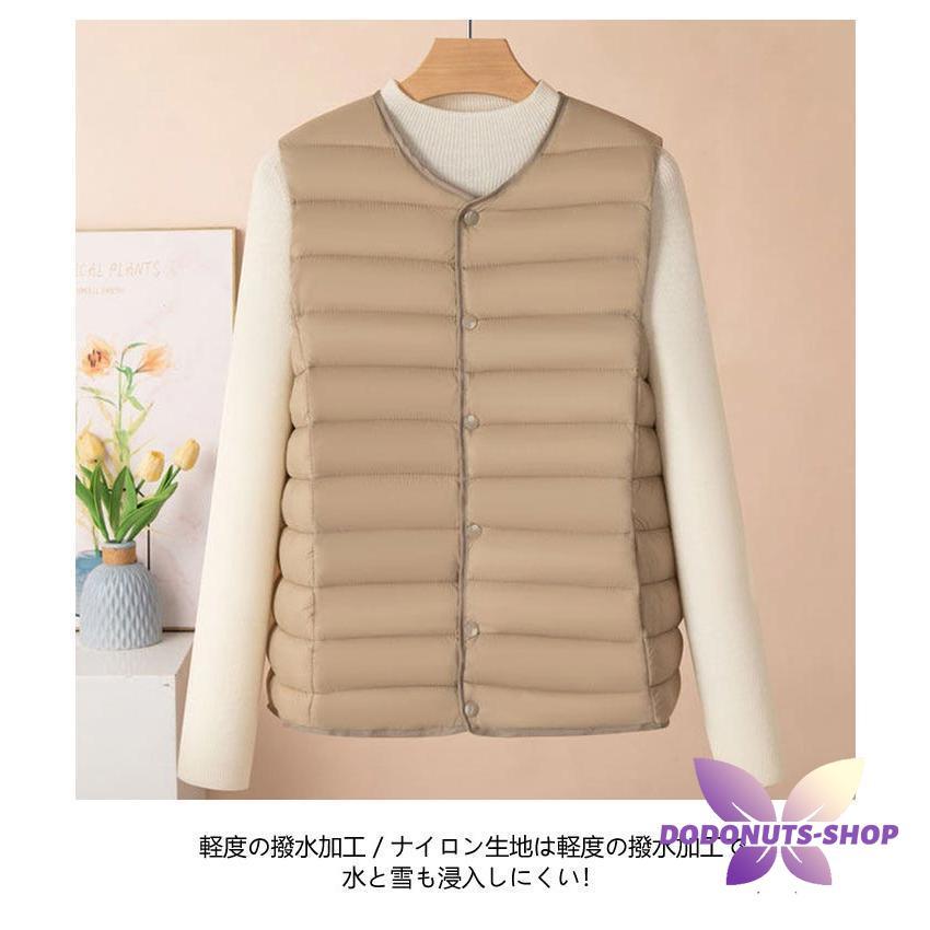 レディース ライトダウンベスト キルティングベスト ライトダウン 暖か ノーカラー インナーダウン アウター あたたかい 軽い 秋 防寒 薄い 無地 - 画像 (8)