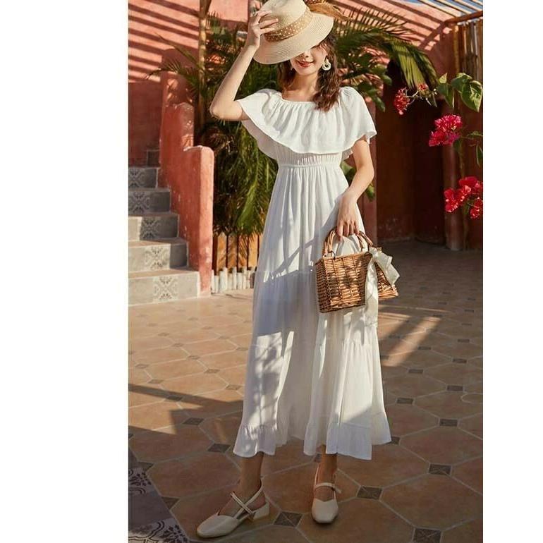 「当店」ハワイ リゾートワンピース 沖縄 リゾートワンピー 夏ワンピース オフショルダー マキシ丈 黄色 白 赤色レディース Aライン オフショル - 画像 (5)