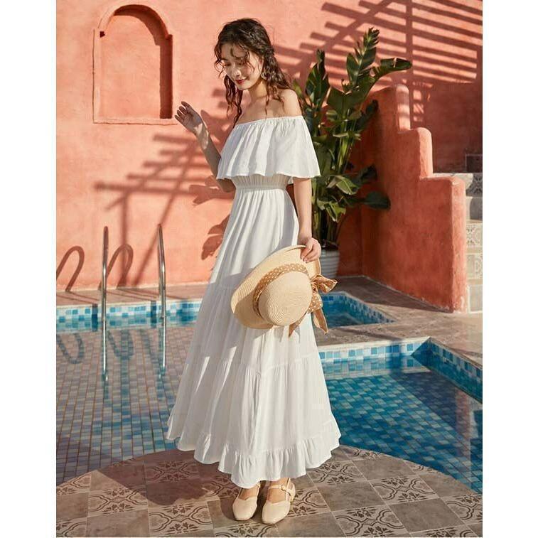 「当店」ハワイ リゾートワンピース 沖縄 リゾートワンピー 夏ワンピース オフショルダー マキシ丈 黄色 白 赤色レディース Aライン オフショル - 画像 (7)