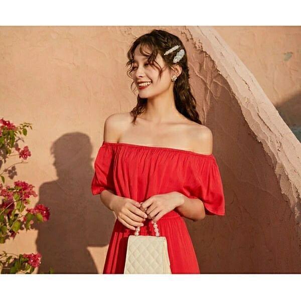 「当店」ハワイ リゾートワンピース 沖縄 リゾートワンピー 夏ワンピース オフショルダー マキシ丈 黄色 白 赤色レディース Aライン オフショル - 画像 (9)