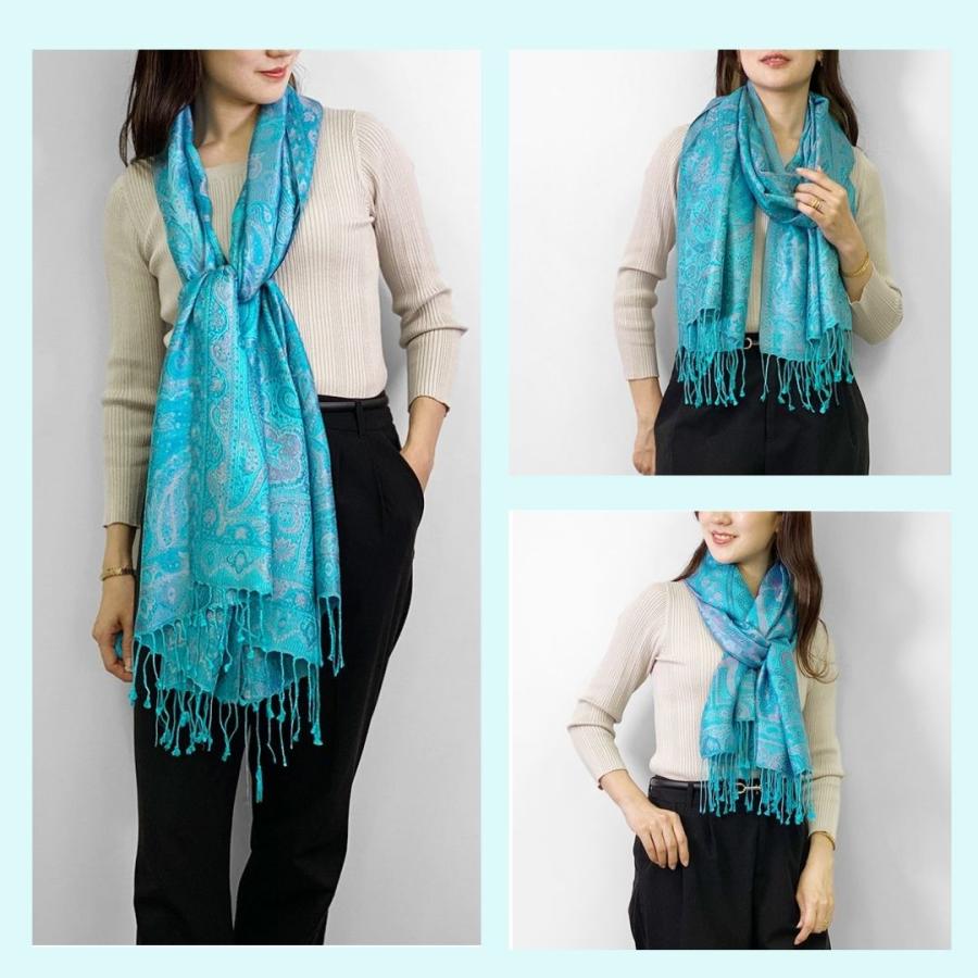 InDream ペイズリー柄 シルク ストール 大判 70cmx200cm ショール ブルー 水色 マフラ― クリスマス ギフト 誕生日 プレゼント 女性 60代 70代 - 画像 (8)