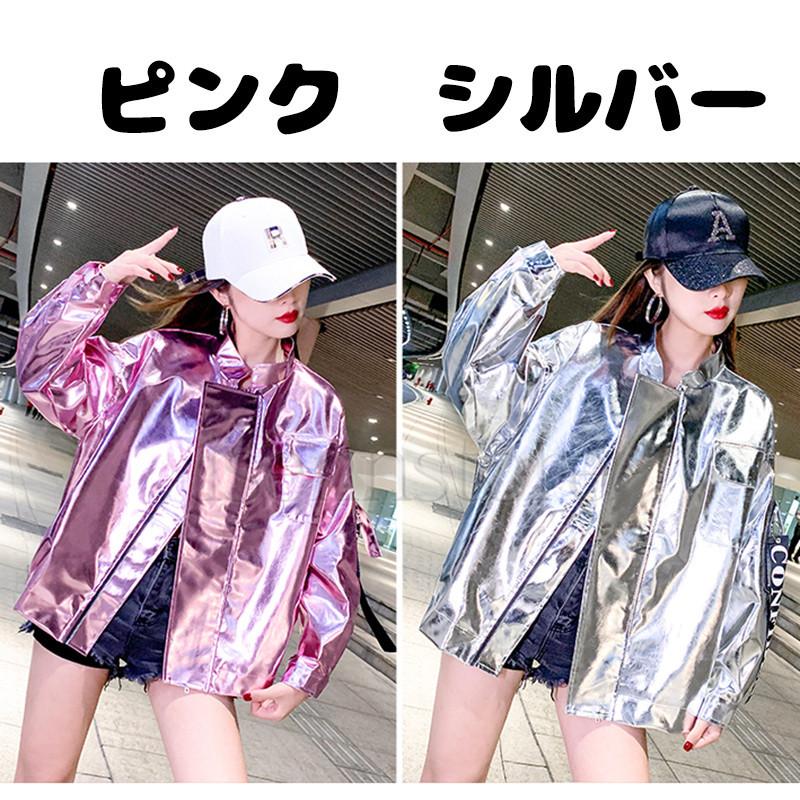 メタリックジャケット女性 スタイリッシュ 光沢 レディース 春服 アウタートップス ピカピカ 薄手 ミディアム ユニセックス トラックジャケット ライダース 派手 - 画像 (3)