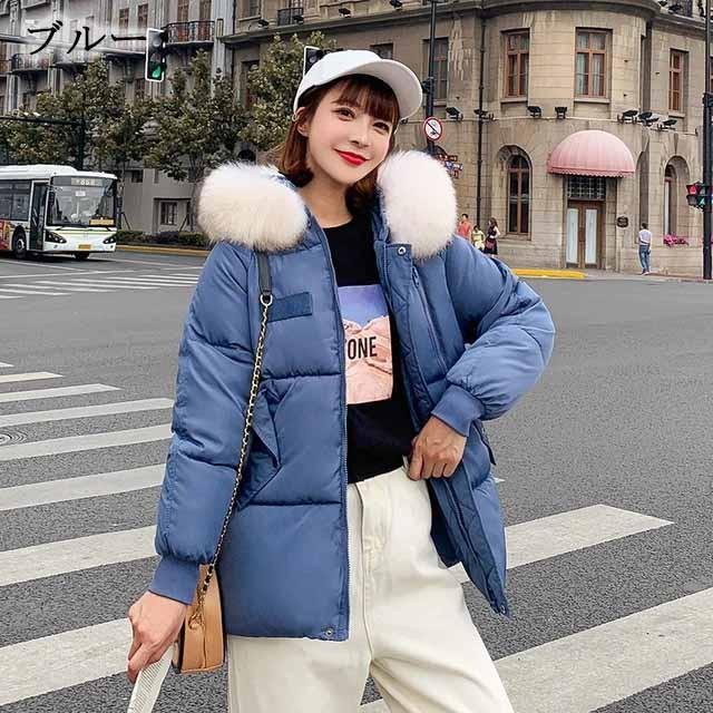 【タイムセール】中綿コート ダウンコート レディース 無地 お洒落 20代 30代 ミディアム丈コート フード付き 毛皮 ファー 保温 暖かい 冬コート 冬アウター - 画像 (6)