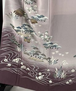 訪問着 身丈162cm 裄丈66cm M 袷 松竹梅 網干 ぼかし 金彩 灰紫 正絹 秀品 一つ紋 中古