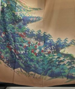 色留袖 身丈158.5cm 裄丈66cm M 袷 風景 松竹梅 金彩 ぼかし 薄茶色 正絹 秀品 三つ紋 中古