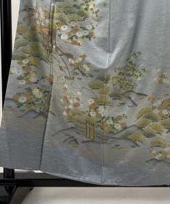 付下げ 身丈158cm 裄丈63cm S 袷 松竹梅 御所車 金彩 ぼかし 青灰色 正絹 秀品 一つ紋 中古