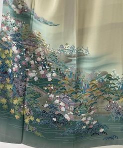 色留袖 身丈152cm 裄丈65.5cm M 袷 落款あり 風景 建物 ベージュ 正絹 美品 秀品 一つ紋 中古