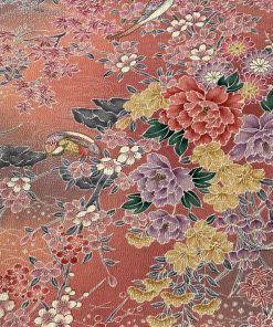反物 秀品 小紋 四季花鳥図 金彩 サーモンピンク 正絹 中古