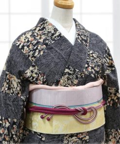 正絹小紋 袷着物（TLサイズ/ 黒小紋柄市松 ）トールサイズ 背の高い方 仕立て上がり きもの 小紋 単品 カジュアル　　　