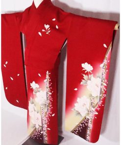 振袖 正絹 赤 黄色 赤紫 牡丹 桜 LLサイズ トールサイズ ki26328 美品 レディース 成人式 卒業式 オールシーズン 送料無料 中古美品