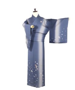 訪問着 名古屋帯 セット 正絹 紺 グレー 縞暈し 桜 刺繍 達磨 招き猫 黒 金 唐花 Lサイズ ki29932 未使用品 訪問着2点セット 送料込み